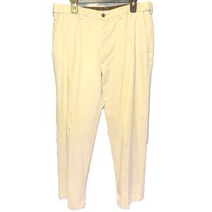 Haggar Cream/White Flat Front Cotton Expandable Waist Mens Dress Pants 36X32